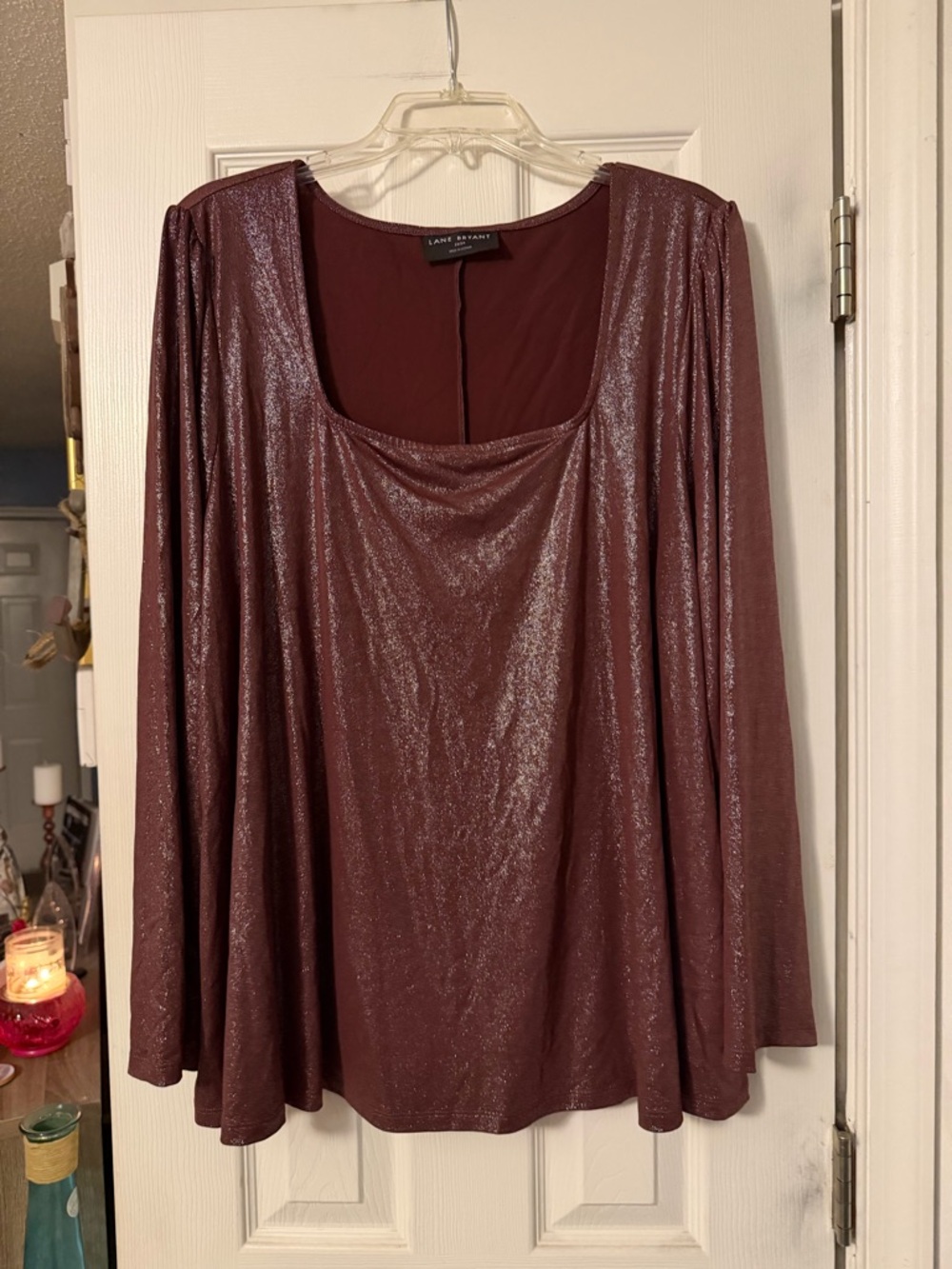 Lane Bryant Shimmery Scoop Neck Long Sleeve Top - Burgundy